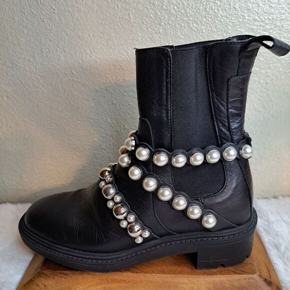Zara Savida Ankle Boots with Pearl Straps Black Size 6 (36UK) w/1 flaw - Picture 1 of 13